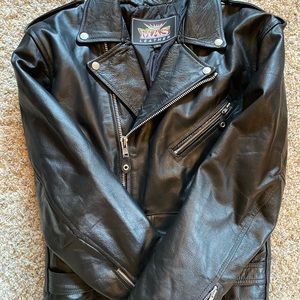 Men’s black leather jacket.
